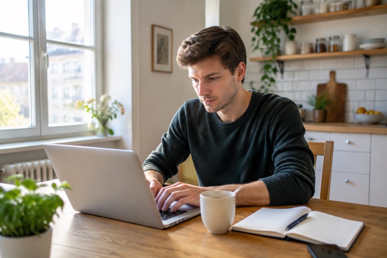 Mann schreibt ein Bewerbungsanschreiben am Laptop