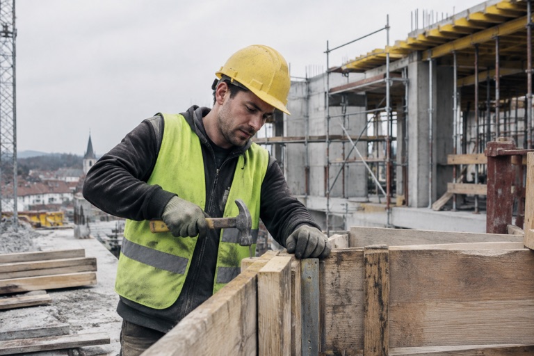 Bauhelfer baut Schalung auf einer Baustelle im Tageslicht auf
