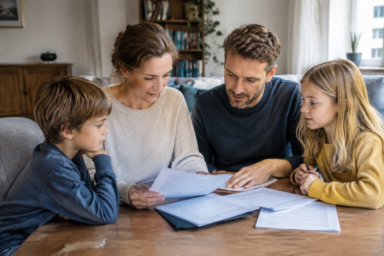 Familie sitzt gemeinsam am Wohnzimmertisch und bespricht Unterlagen