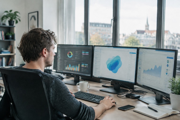 IT-Fachkraft arbeitet an mehreren Bildschirmen in einem hellen Büro