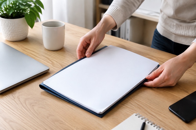Hände ordnen das Deckblatt einer Bewerbungsmappe auf dem Schreibtisch
