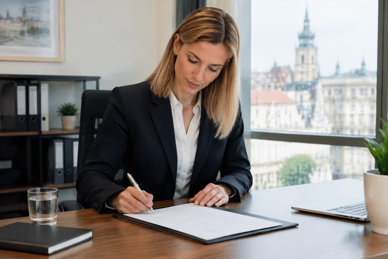 Arbeitgeber unterschreibt ein amtliches Formular zur Beschäftigung am Schreibtisch