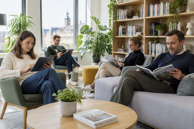 Menschen lesen in einer hellen Büro-Lounge auf Tablets und in Zeitschriften