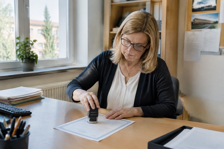 Schulsekretariat stempelt ein amtliches Bescheinigungsformular
