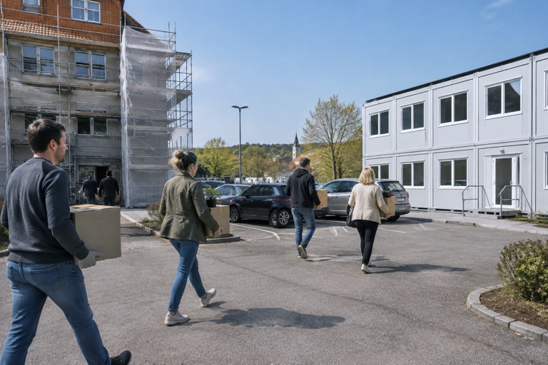 Beschäftigte ziehen mit Kartons aus dem eingerüsteten Bürogebäude in ein helles Übergangsbüro in Modulbauweise