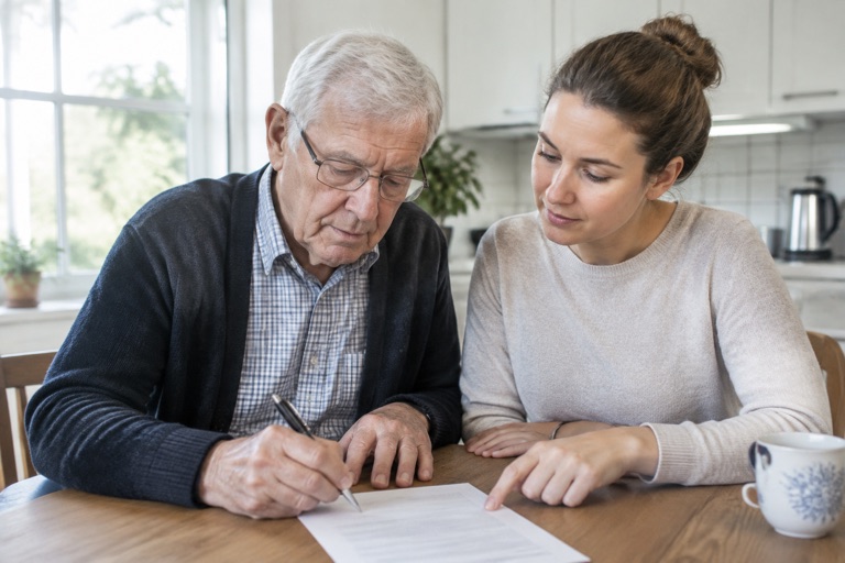 Zwei Generationen besprechen und unterschreiben eine Vollmacht am Tisch