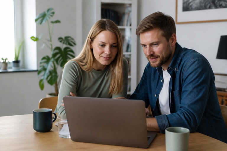 Zwei Personen vergleichen gemeinsam Weiterbildungsangebote am Laptop