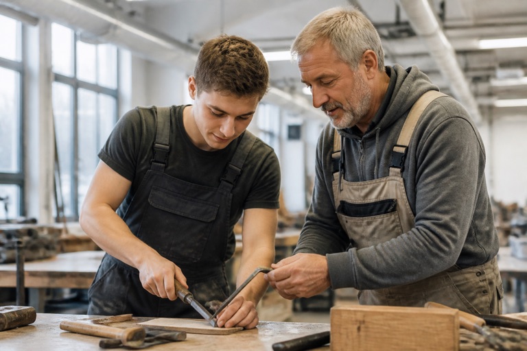 Auszubildender lernt mit erfahrenem Ausbilder in der Werkstatt