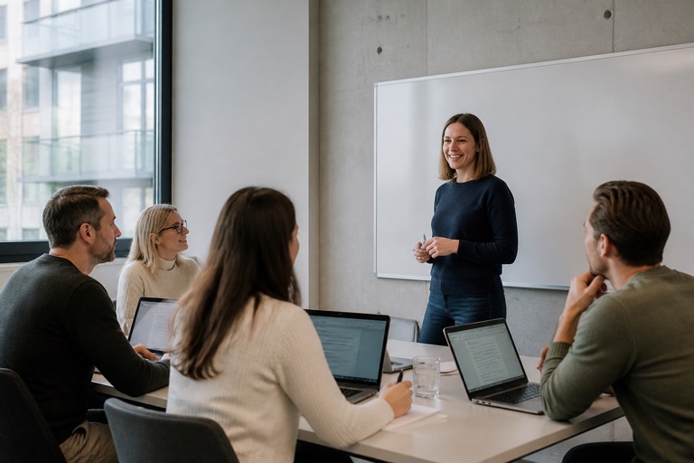 Berufstätige in einem Weiterbildungs-Seminar mit Trainerin
