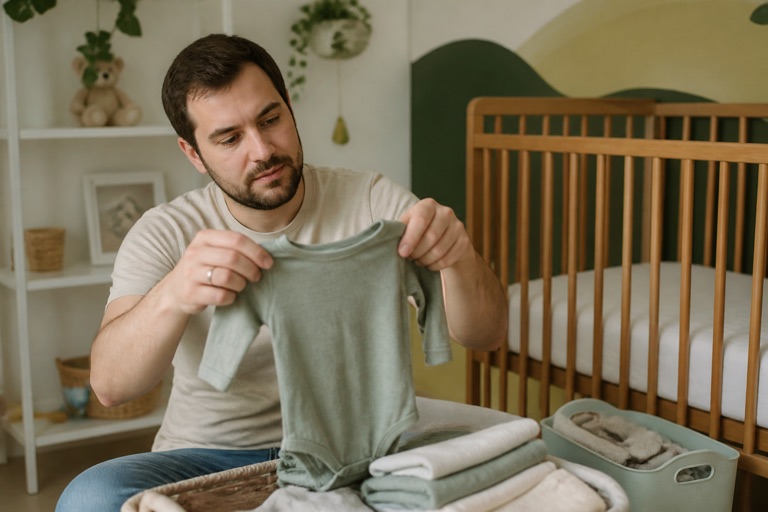 Elternteil bereitet die Babyerstausstattung im gemütlichen Kinderzimmer vor