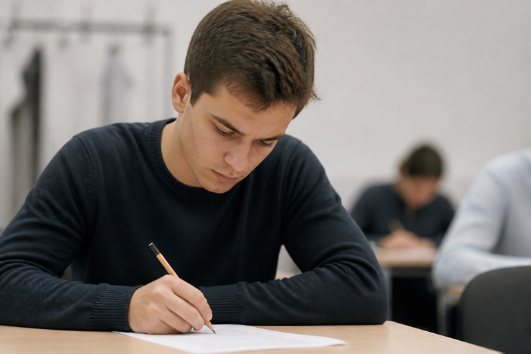 Person konzentriert sich auf einen schriftlichen Eignungstest am Schreibtisch