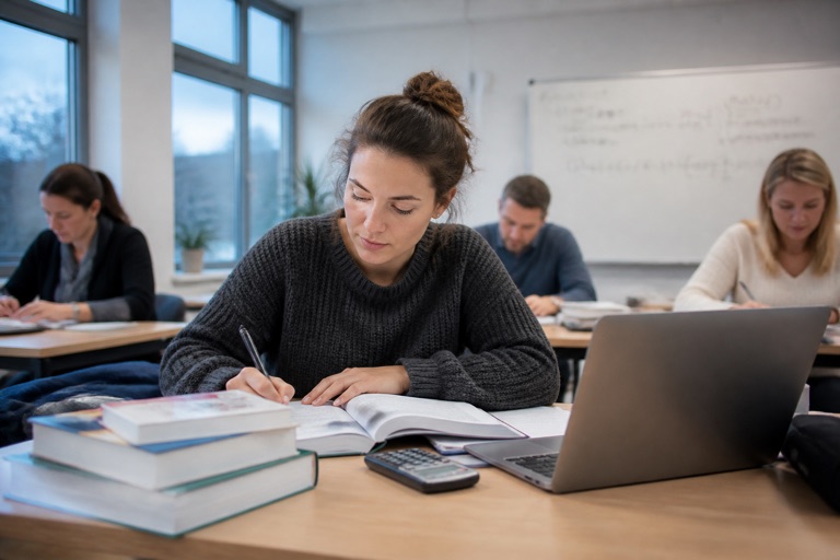 Junge Frau lernt am Schreibtisch in einem hellen Abendkursraum für das Abitur, mit Büchern, Taschenrechner und Laptop