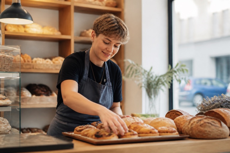 Junge Person arbeitet in einem Minijob hinter der Theke eines kleinen Cafés