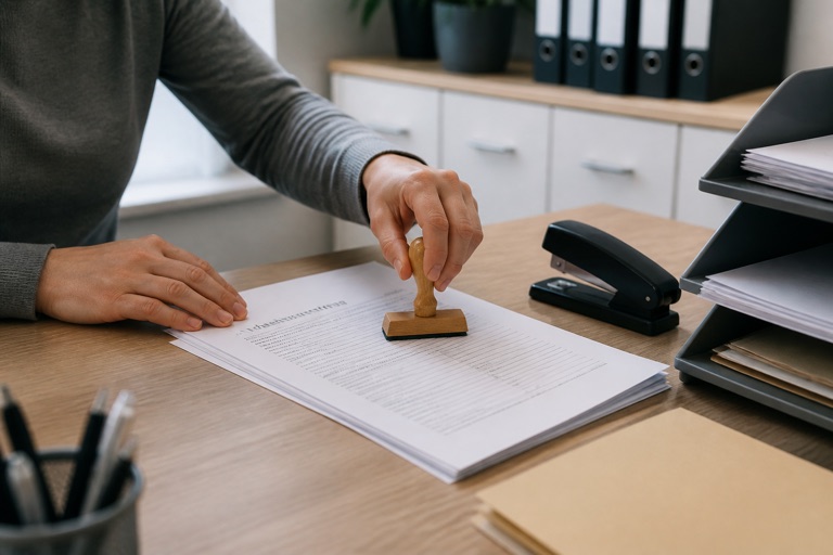 Hände sortieren und stempeln Arbeitsunterlagen an einem aufgeräumten Schreibtisch
