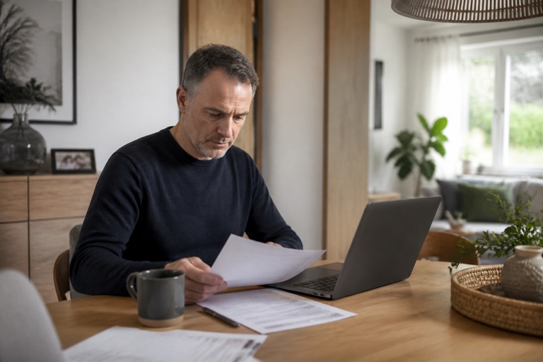Mann prüft Unterlagen und Laptop am Tisch zu Hause