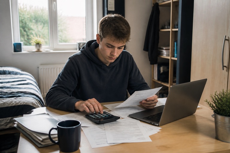 Junger Auszubildender rechnet an seinem Schreibtisch mit Taschenrechner sein Budget durch