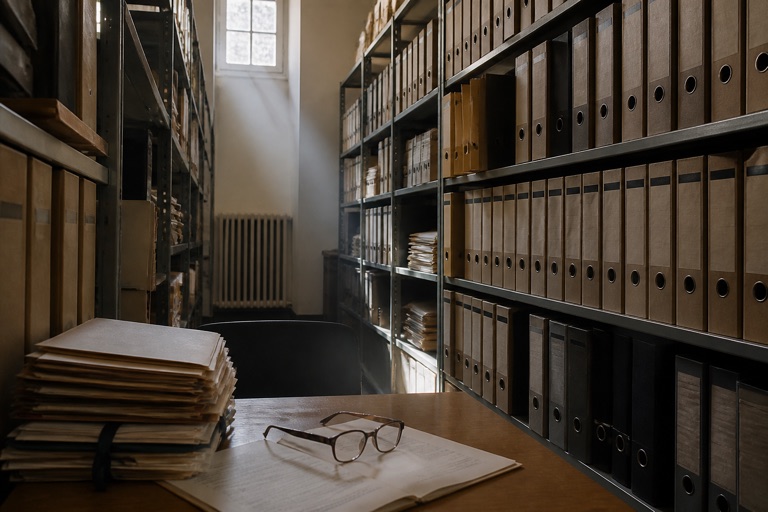 Reihen von Aktenordnern in einem Archivregal einer Behörde