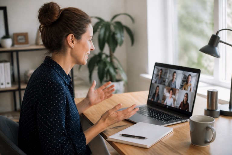 Frau im Homeoffice in einer Videokonferenz am Laptop