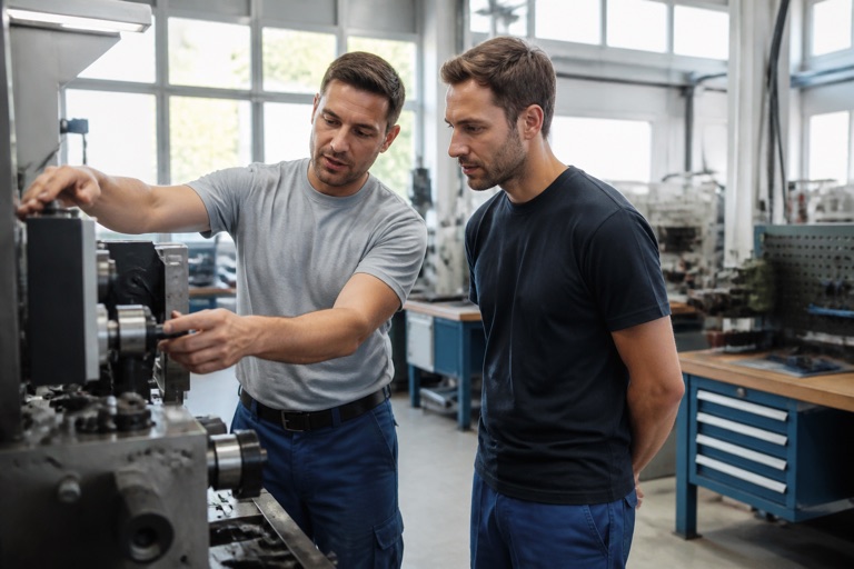 Mann wird an seinem ersten Arbeitstag von einem Kollegen an einer Maschine in einer Werkstatt eingearbeitet
