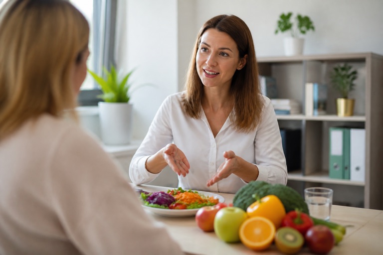 Ernährungsberaterin erklärt einer Klientin am Tisch eine gesunde Lebensmittelauswahl