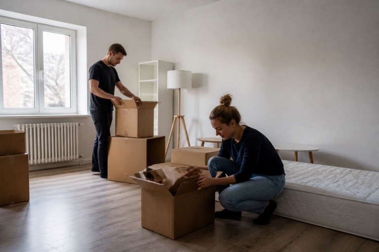 Junges Paar richtet mit Umzugskartons eine leere neue Wohnung ein