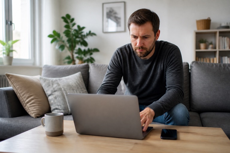 Mann nutzt zu Hause die Online-Dienste der Arbeitsagentur am Laptop