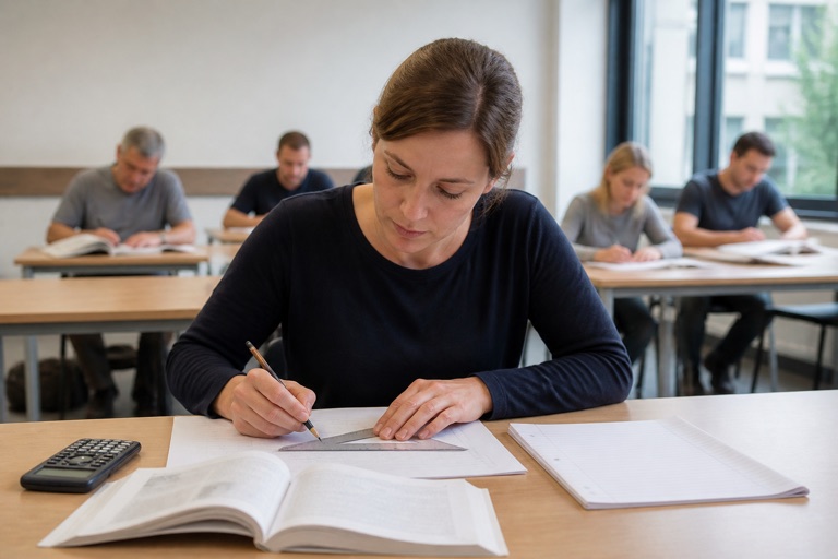 Erwachsene Frau lernt am Schreibtisch einer Abendschule, um die Fachhochschulreife nachzuholen