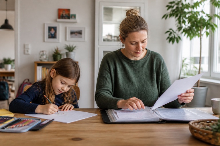 Mutter ordnet zuhause Familien-Unterlagen in einen Ordner, während ihr Kind daneben malt