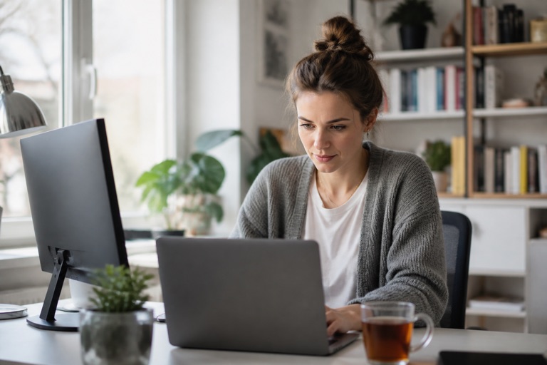 Frau arbeitet konzentriert am Schreibtisch im Home-Office