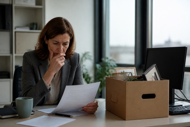 Arbeitnehmerin liest an ihrem Arbeitsplatz ein Schreiben, daneben ein Karton mit persönlichen Sachen