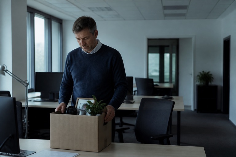Angestellter räumt in einem leeren Büro seinen Arbeitsplatz nach einer Firmeninsolvenz