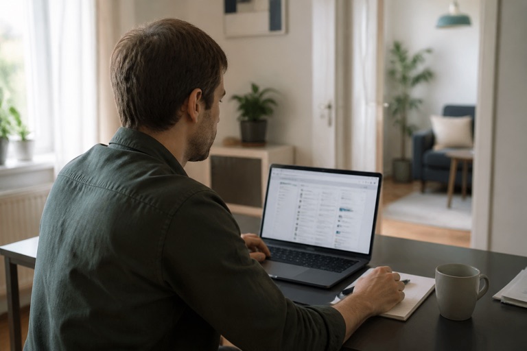 Arbeitssuchender Mann durchsucht am Laptop zuhause eine Online-Jobbörse nach Stellenangeboten