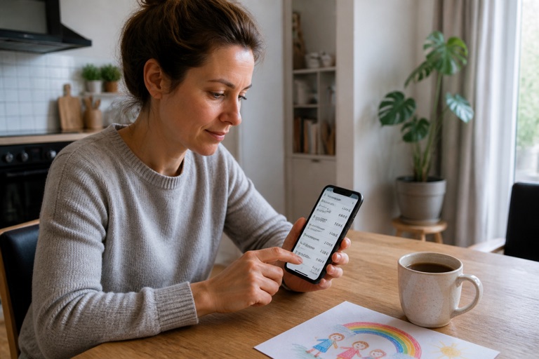 Elternteil prüft am Küchentisch per Banking-App den Eingang des Kindergeldes