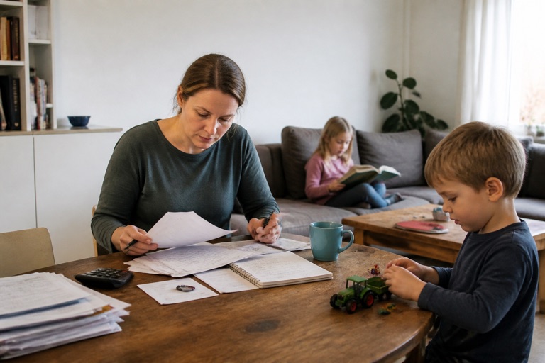 Elternteil mit zwei Kindern zu Hause beim Sortieren von Post und Haushaltsbudget