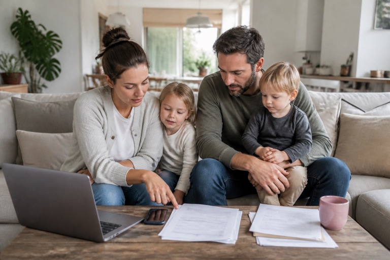 Junge Familie mit zwei kleinen Kindern im Wohnzimmer, auf dem Tisch liegen Antragsunterlagen und ein Laptop