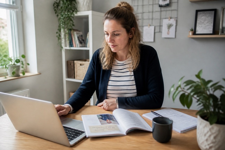 Frau recherchiert am Laptop nach Weiterbildungsangeboten und macht sich Notizen