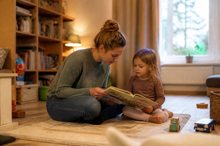 Junge Frau betreut als Babysitterin ein Kind im Wohnzimmer