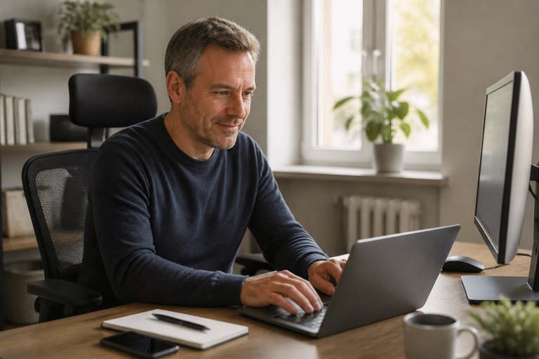 Mann arbeitet von zu Hause am Laptop und verdient online Geld