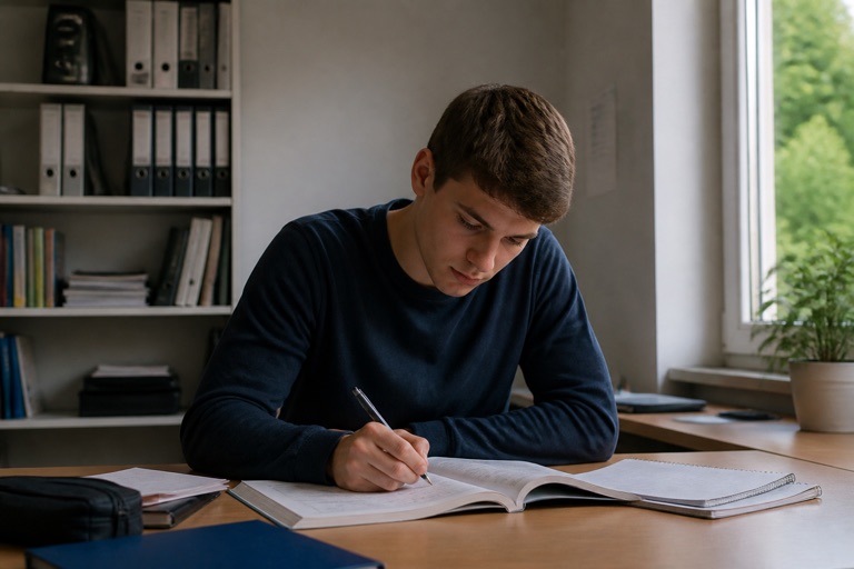 Erwachsener lernt am Tisch mit Büchern und Notizen für den Realschulabschluss