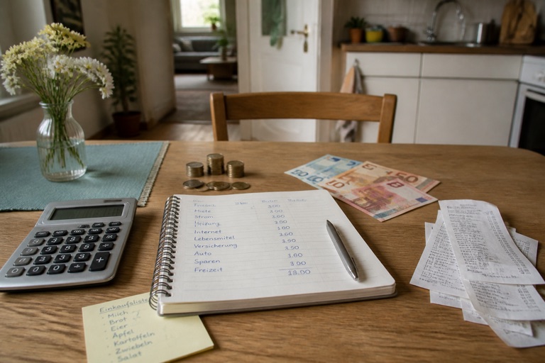 Küchentisch mit Haushaltsbuch, Taschenrechner, Münzen und Einkaufszettel zur monatlichen Budgetplanung
