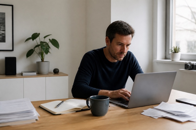 Freelancer arbeitet allein am Laptop im ruhigen Homeoffice