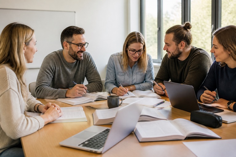 Erwachsene lernen gemeinsam am Tisch in einem Kursraum der Erwachsenenbildung