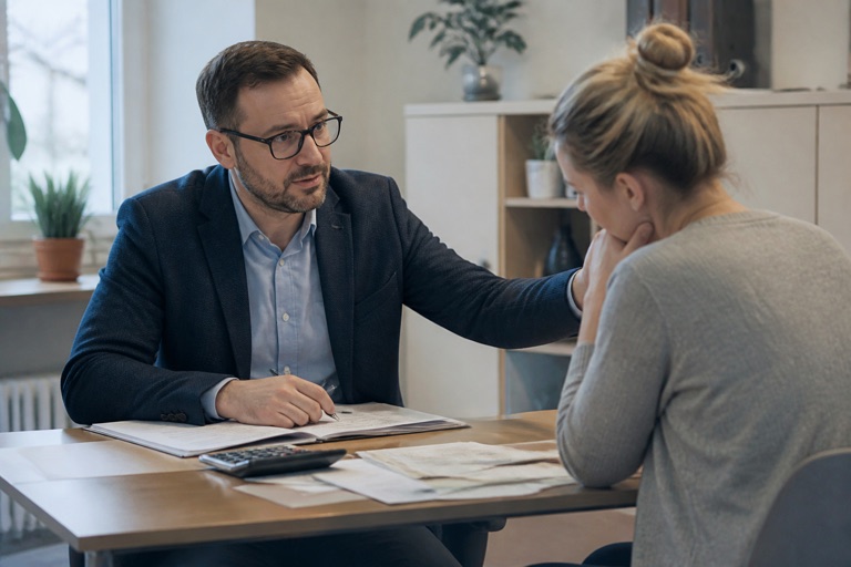 Schuldnerberaterin im Beratungsgespräch mit einer ratsuchenden Person am Schreibtisch