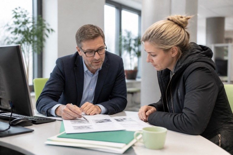 Vermittler und Arbeitssuchender sehen sich gemeinsam an einem Schreibtisch aktuelle Stellenangebote an
