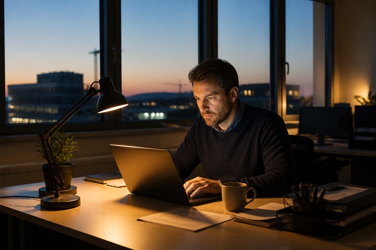 Angestellter arbeitet abends Überstunden am beleuchteten Schreibtisch