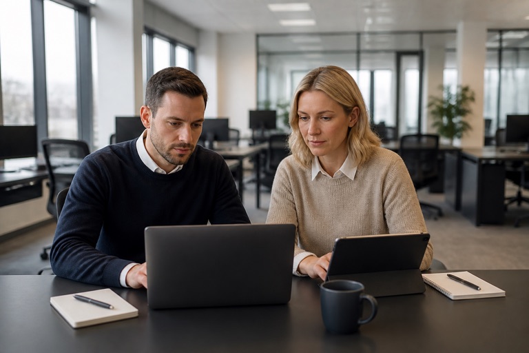 Zwei Beschäftigte nutzen die Kurzarbeit für eine Weiterbildung am Laptop im Büro