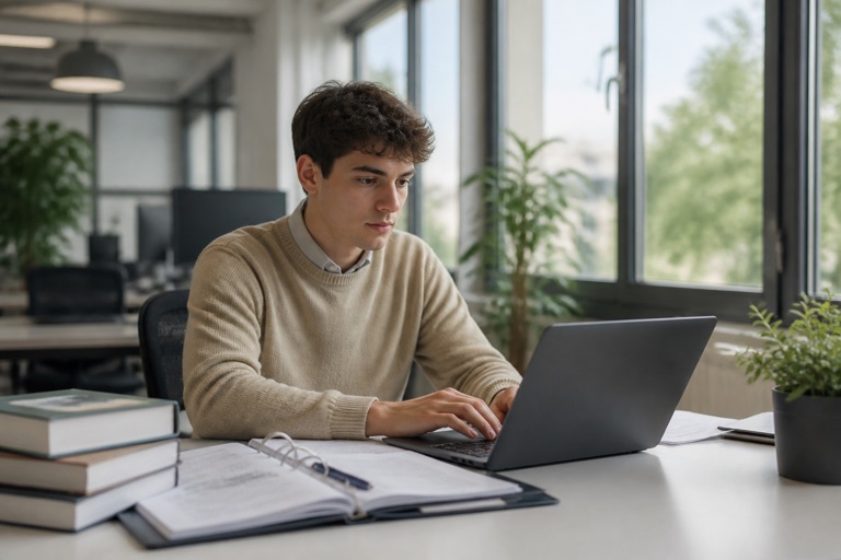 Werkstudent arbeitet am Laptop neben Studienunterlagen im hellen Büro