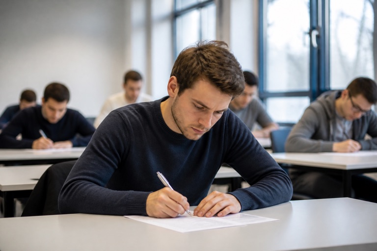 Junger Mann schreibt konzentriert eine Prüfung während seiner Zweitausbildung