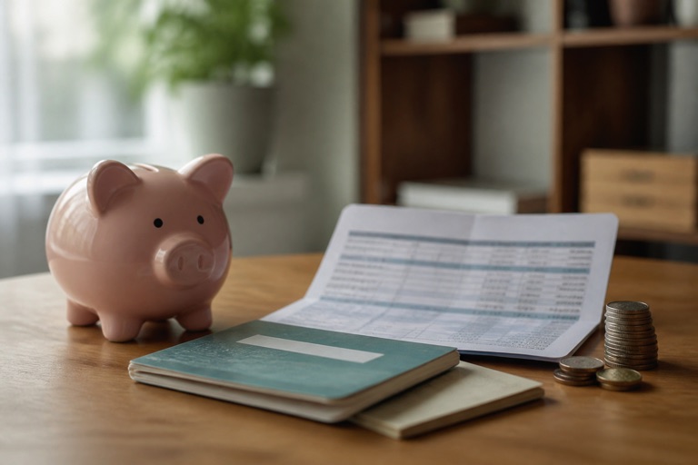 Sparschwein, Sparbuch und Münzen auf einem Tisch