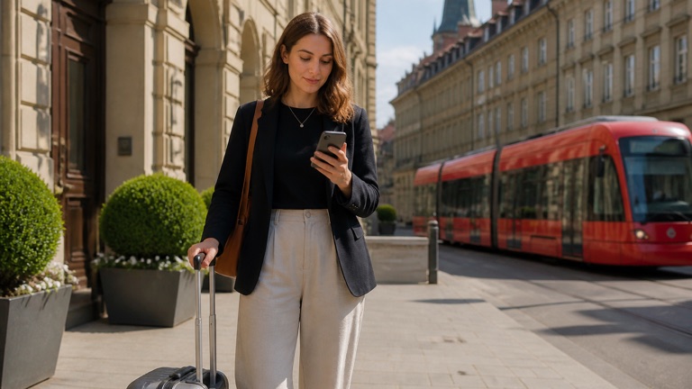Junge Fachkraft kommt mit Koffer in einer Schweizer Stadt an und prüft am Smartphone die Route